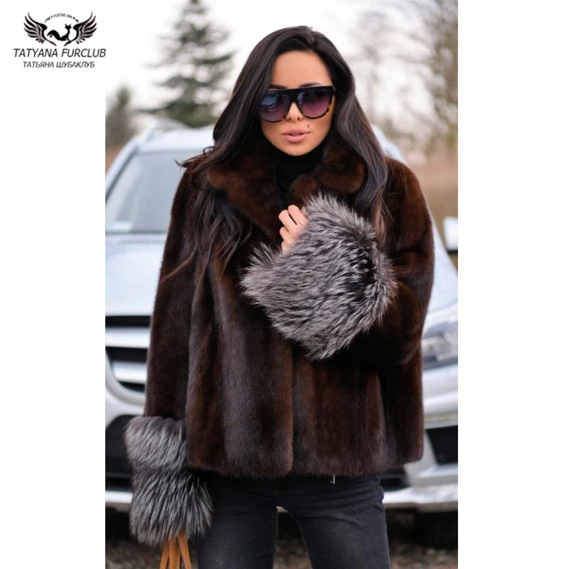 Fashion Short Mink Fur Jackets With Silver Fox Fur Cuff Luxury High Quality Mink Fur Coat Trendy Fur Overcoats Winter 2024 New