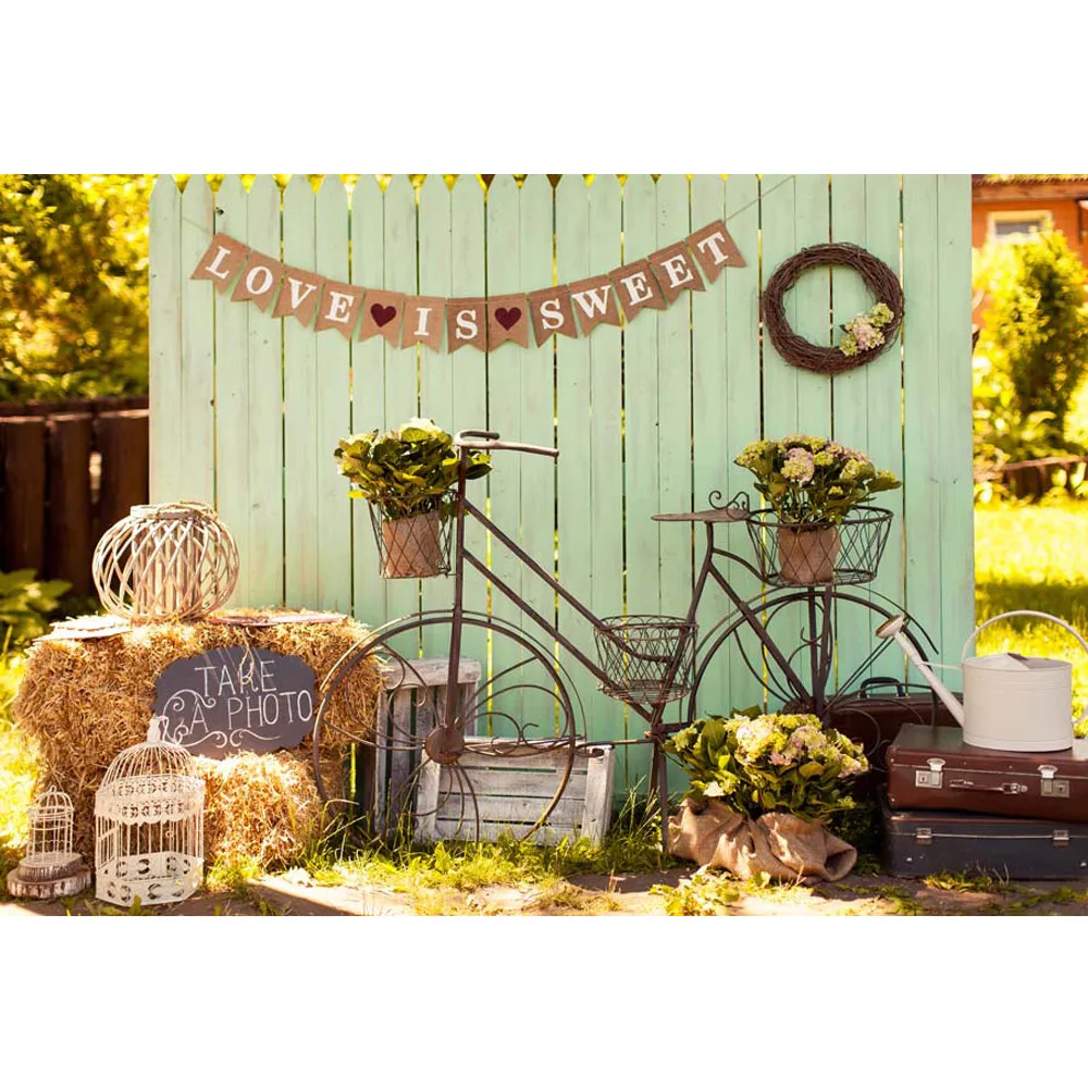 Rustic Style Wedding Photo Booth Background Vinyl Printed Wooden Wall Straw Stack Bike Suitcases Flowers Photography Backdrops