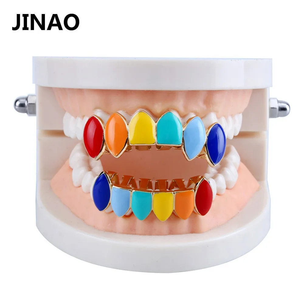 JINAO HipHop Rainbow Gold Silver color Teeth Grillz Top & Bottom Grills Dental Mouth Cosplay Party Tooth Punk Body Jewelry Gifts
