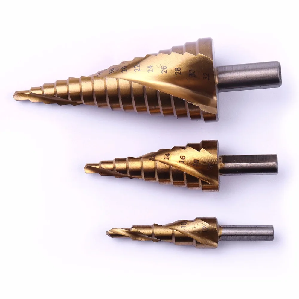 1PC HSS Titanium Coated Spiral Grooved Step Drill Bit Triangle Shank 4-12 4-20 4-32mm Step Drill for Metal Step Cone Drills Tool