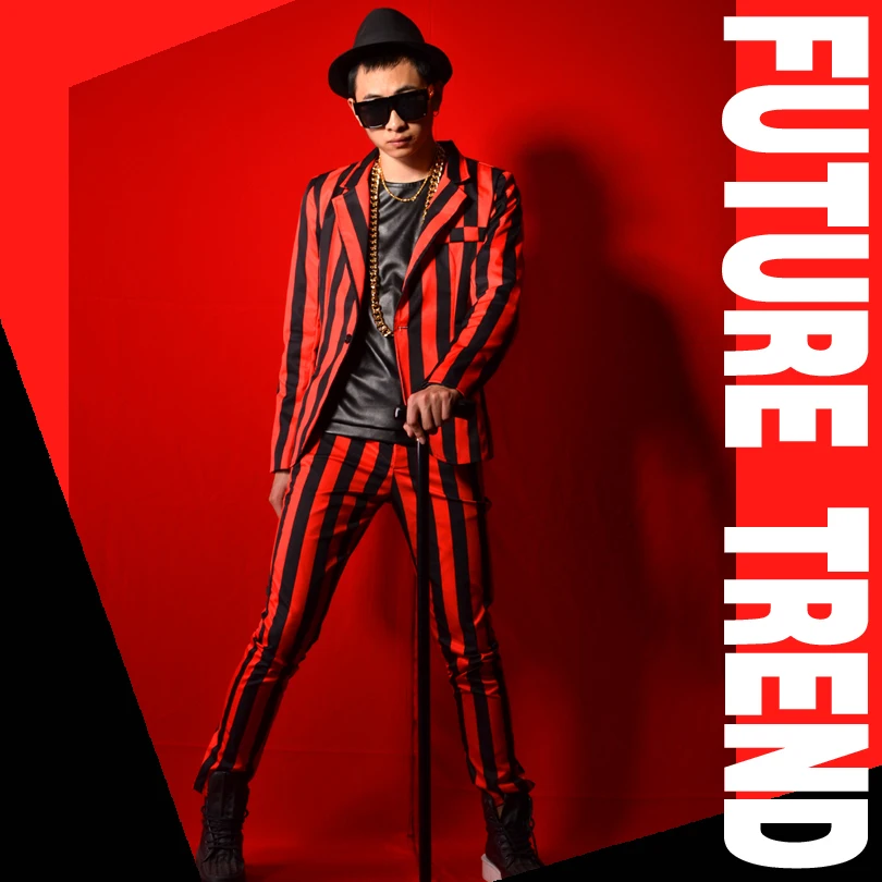 2021 New Men Casual Clothing Fashion Slim Suit Dj Red And Black Stripes Blazer Suits Plus Size Formal Dress Male Singer Costumes