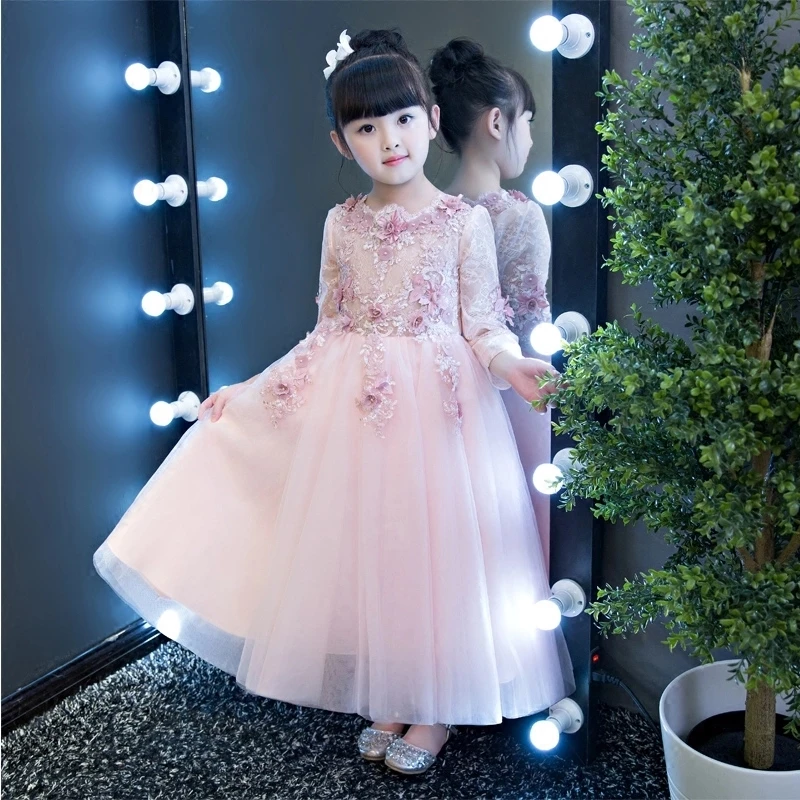 2017 Long Sleeve Flower Girls Dresses For Wedding Pink Lace Girl Formal Birthday Party Dress Princess Gown Kids Autumn Vestido