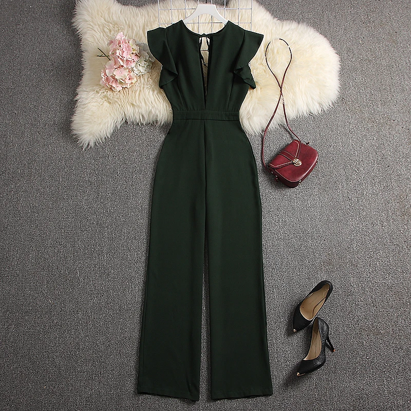 ALPHALMODA New Summer Women Deep V-neck Sexy Jumpsuits Solid Color Straight Full Length Pants Ladies Party Overall Outfit