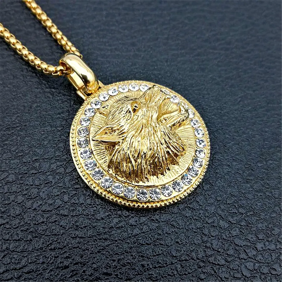 Iced Out głowa wilka naszyjniki wisiorki dla kobiet/mężczyzn złoty kolor stal nierdzewna naszyjnik ze strasu Hip Hop błyszczące biżuteryjne