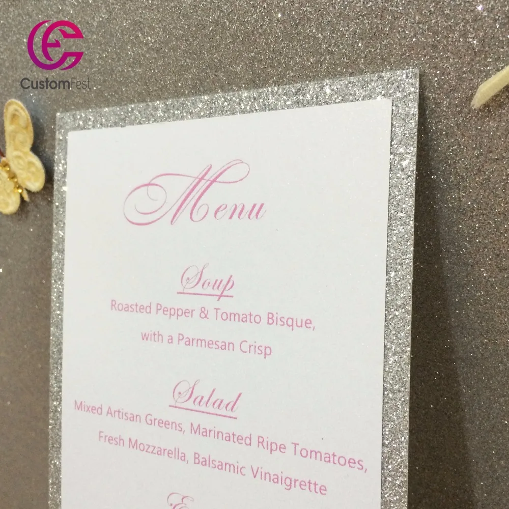 30pcs/lot Personalized menu two layers menu handmade Silver glitter with pink  whole set available