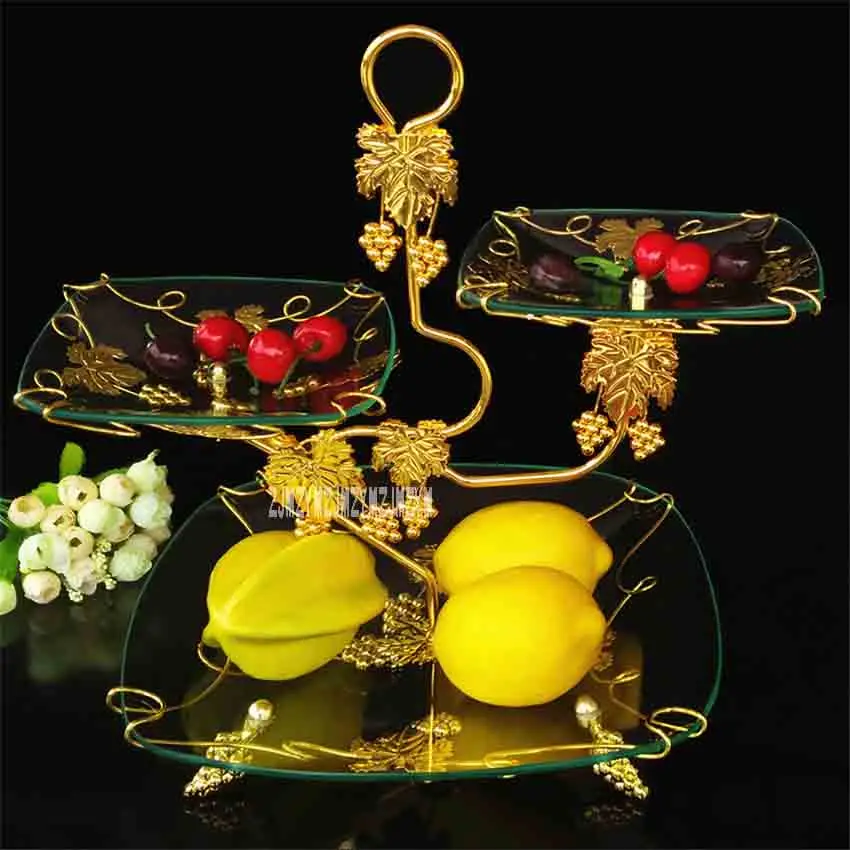 European Creative 3-Tier Tempered Glass Fruit Plate Living Room Wedding Party Hotel Dessert Fruit Cupcake Fruit Tray AR375