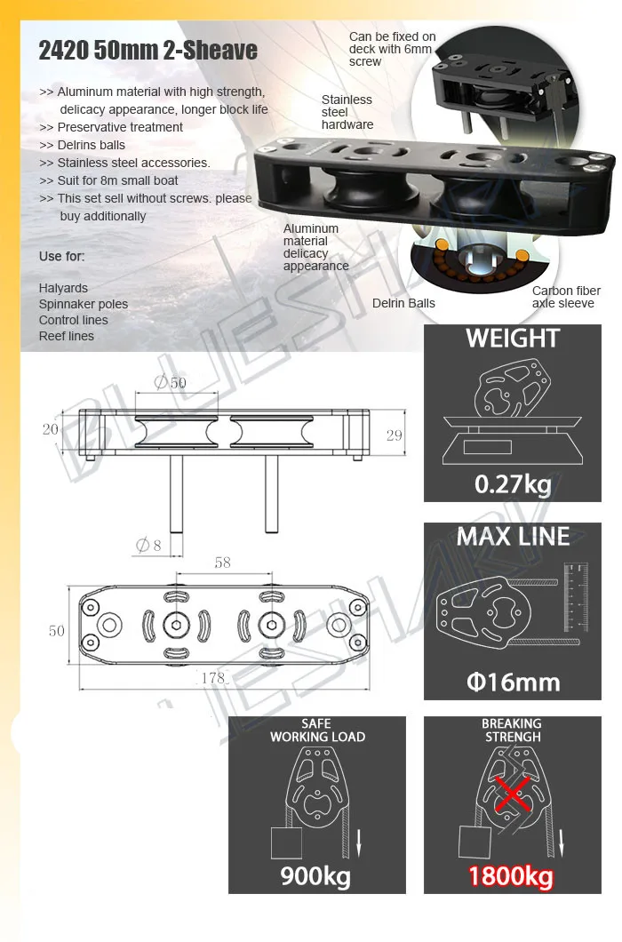 Sailboat Hardware 50 mm 2 Inch Aluminum Deck Organizer 2 Sheave 2420