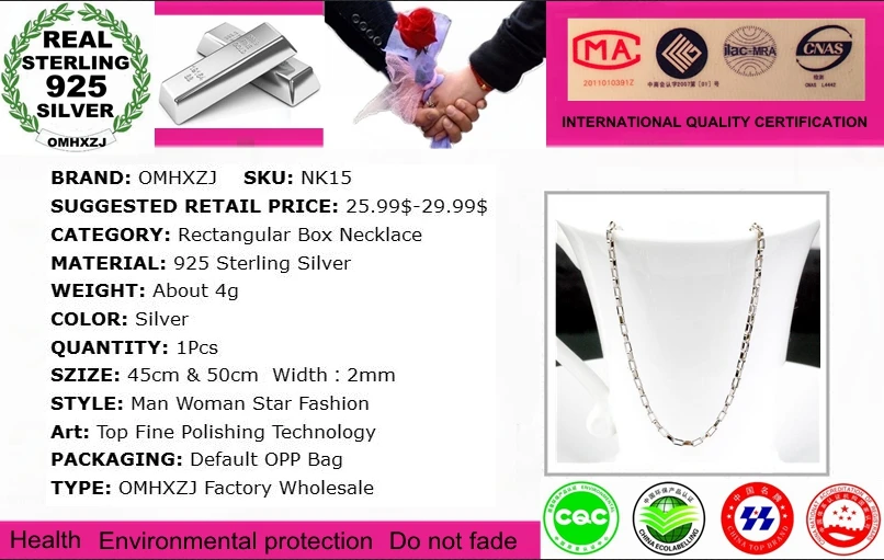 OMH Wholesale Fashion simple Woman man 18 & 20 inch 2mm  925 Sterling Silver Box Short Chains Necklaces Couples NK15