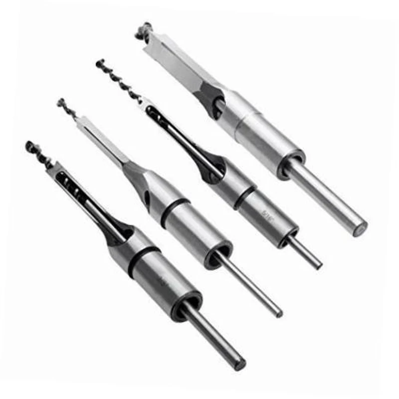 Silver 4pc Steel Twist Drill Woodworking Tool Mortising Chisel Square Hole Extended Saw