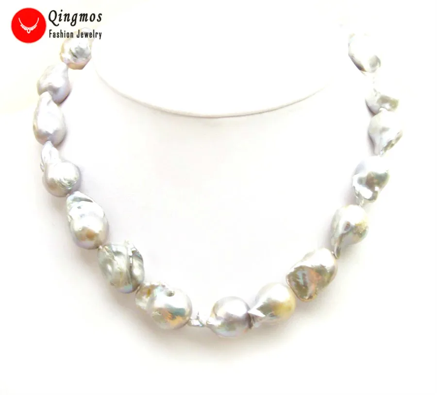 Qingmos Trendy Natural Pearl Necklace for Women with 10*25mm Baroque Gray FW Nuclear Pearl Chokers Necklace Jewelry 17