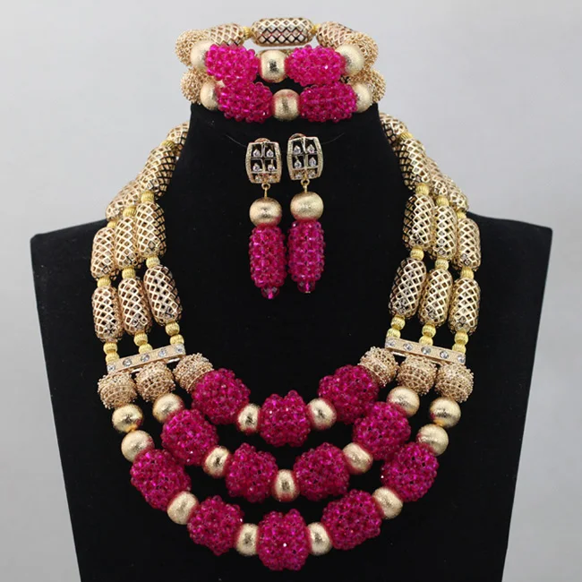 Trendy Fuchsia Crystal Beads Wedding African Jewelry Set Deep Pink Women Statement Necklace Set Gold Free ShippingABL734