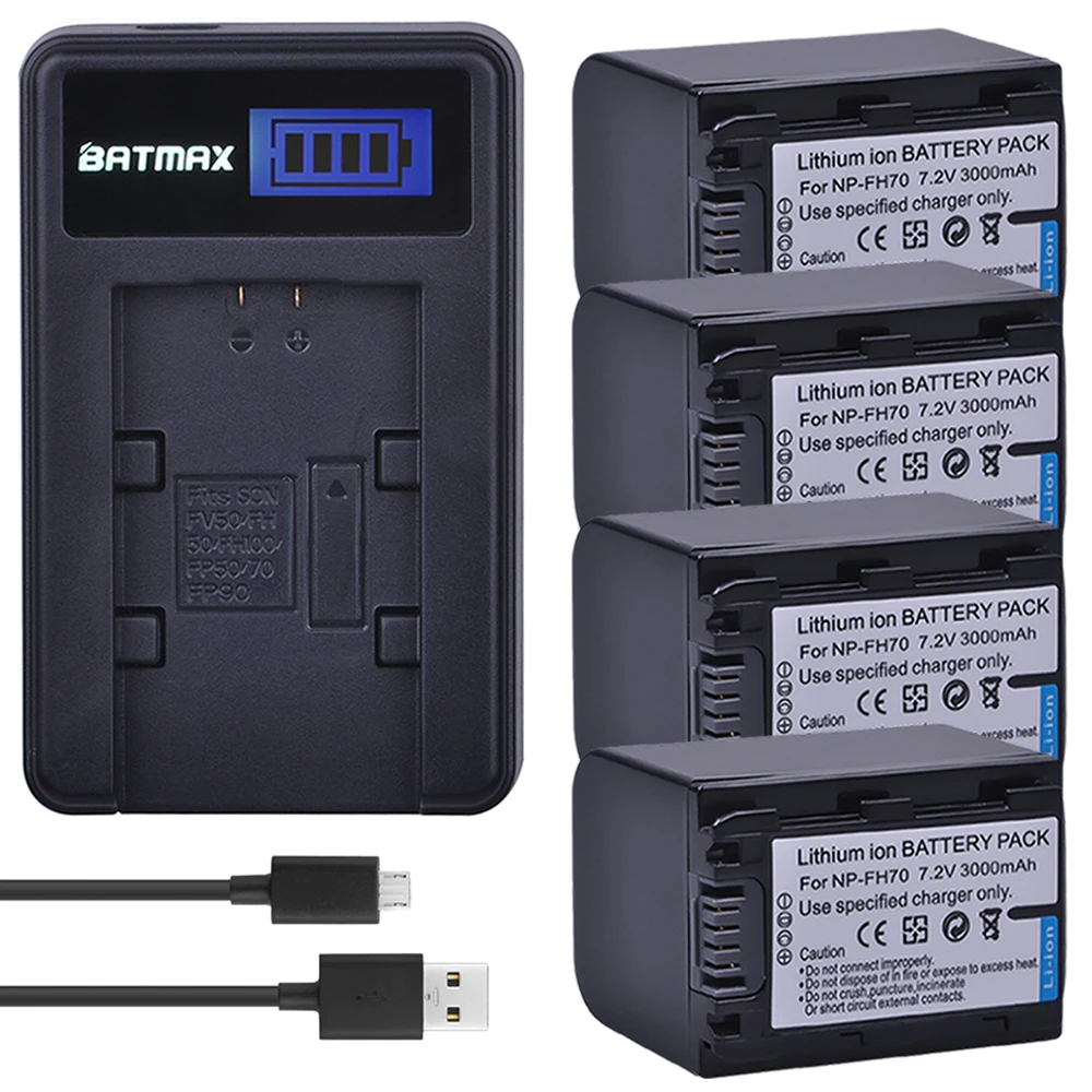 

Batmax 4pc 3000mAh NP-FH70 NP FH70 Battery+LCD USB Charger for sony NP-FH30 NP-FH100 NP-FH50 HDR-CX12E,HDR-CX7E,HDR-SR10E,