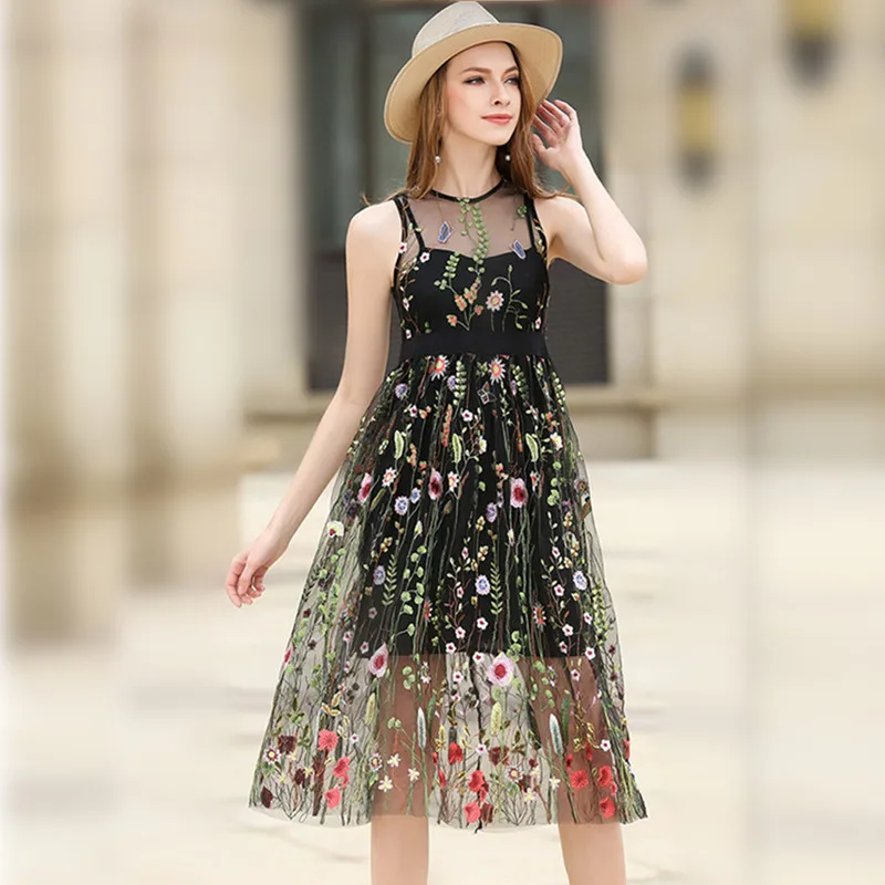 Mùa hè hoa thêu lưới bohemian phụ nữ đảng dress không tay a-line elegant dài đen trắng nữ casual bãi biển dresses