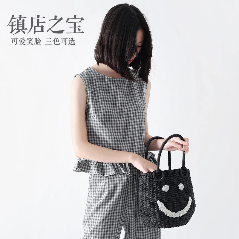 23x23CM 2017 Japanese New Smile Bucket  Bag Kawai  Summer Handbag Bag Woven Beach Bag A4142