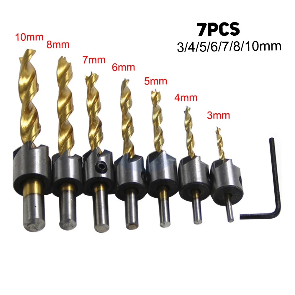 4/7pc Sink Drill Bit End Milling Wood Reamer Carpentry Chamfer 3/4/5/6mm Sink Hole Reaming Woodworking Power Tools Round handle