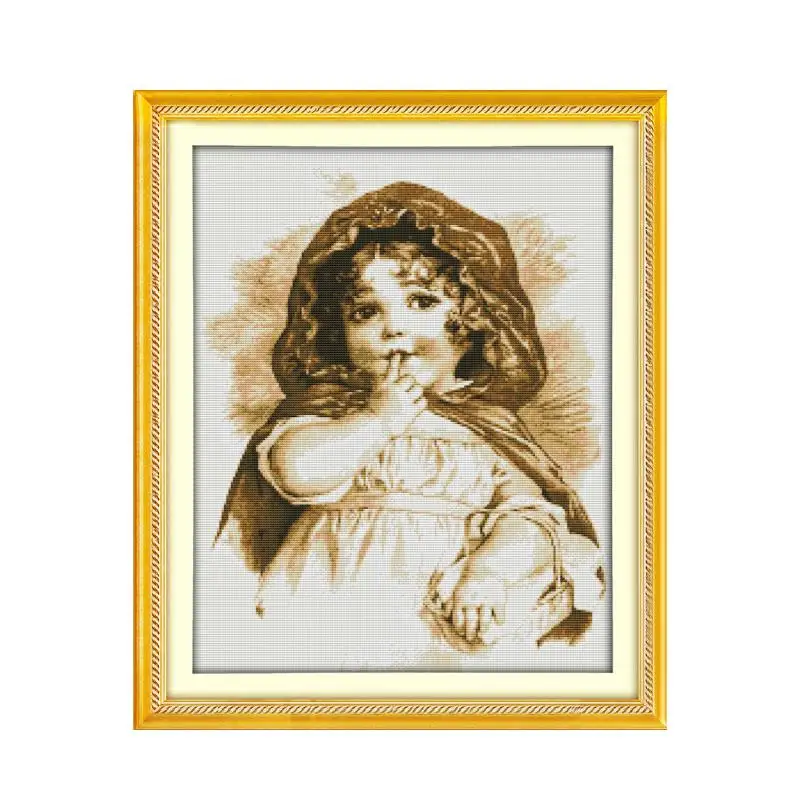 Cute little girl sucking finger decorative painting, 11CT 14CT printed cloth needlework handmade cross-stitch embroidery