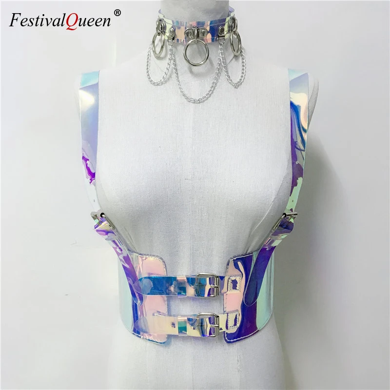 FestivalQueen Punk Gothic Holographic Choker Bra Top Belts for Women Harness Straps Hologram Rainbow Transparent PVC Bondage Wai