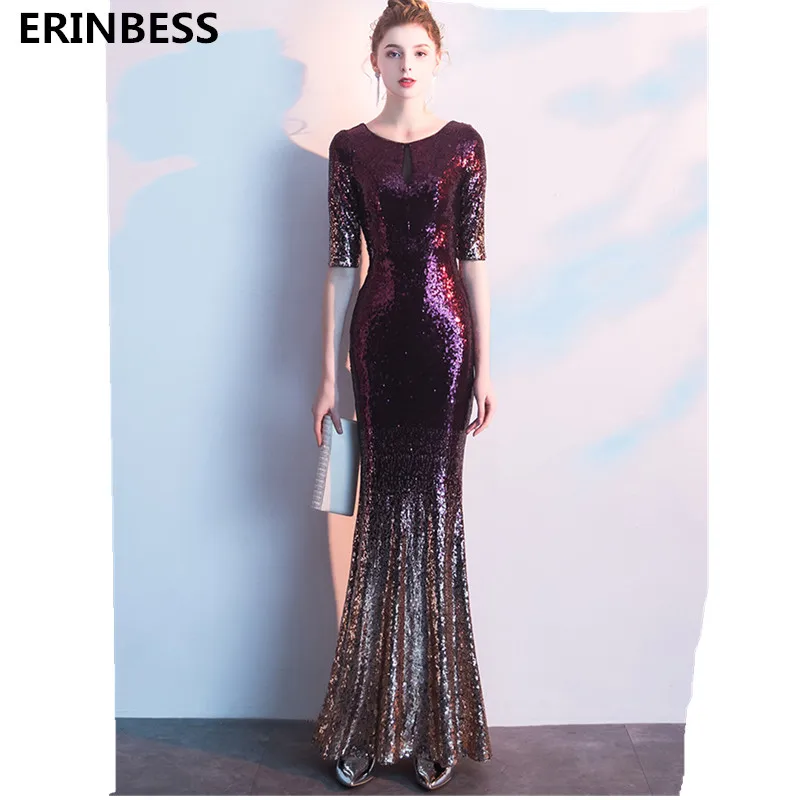 

Vestido De Festa Mermaid Evening Dresses Long Sexy Scoop Neck Floor Length Half Sleeve Sequin Evening Dress 2019 Party Gowns