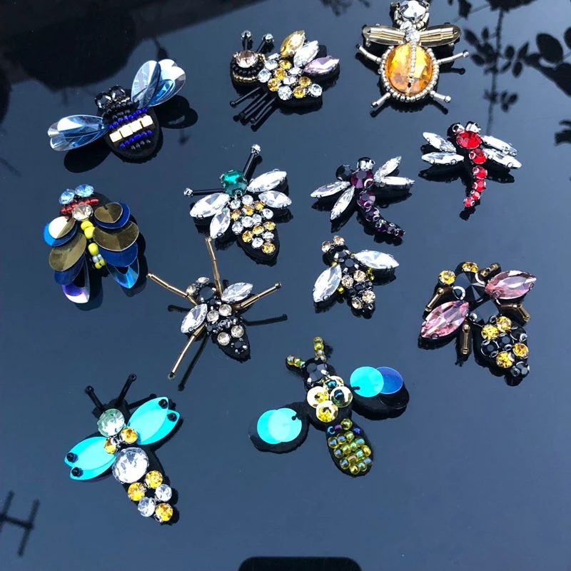 Rhinestone glass bead bee embroidery patch, diy accessories clothing decoration paillette ant applique patch