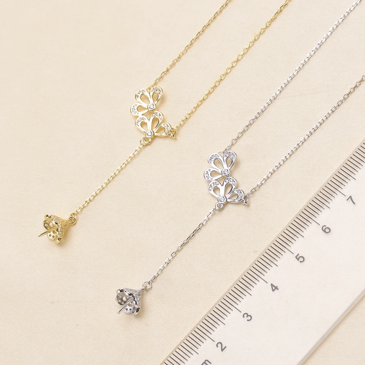 

S925 Sterling Silver Tiny Flower Pearl Pendant Necklace Settings Women DIY Pearl Pendant Chain Components 3Pcs/Lot