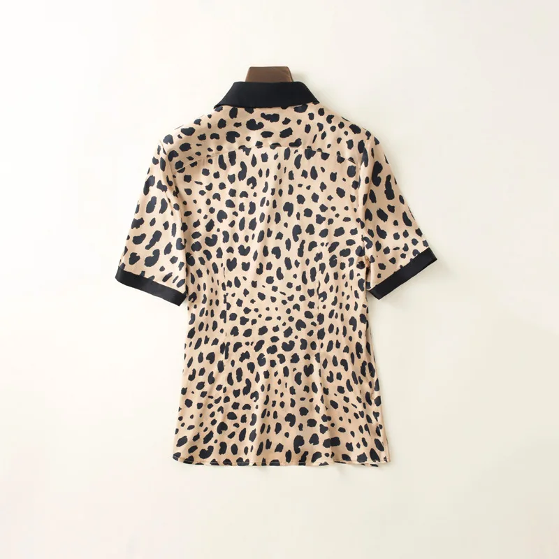 2019 Summer New Heavy Silk Leopard Print Blouse Women's Loose T-shirt 95% Silk 16Mm 5% Spandex Printed Shirts Hidden Door Pocket