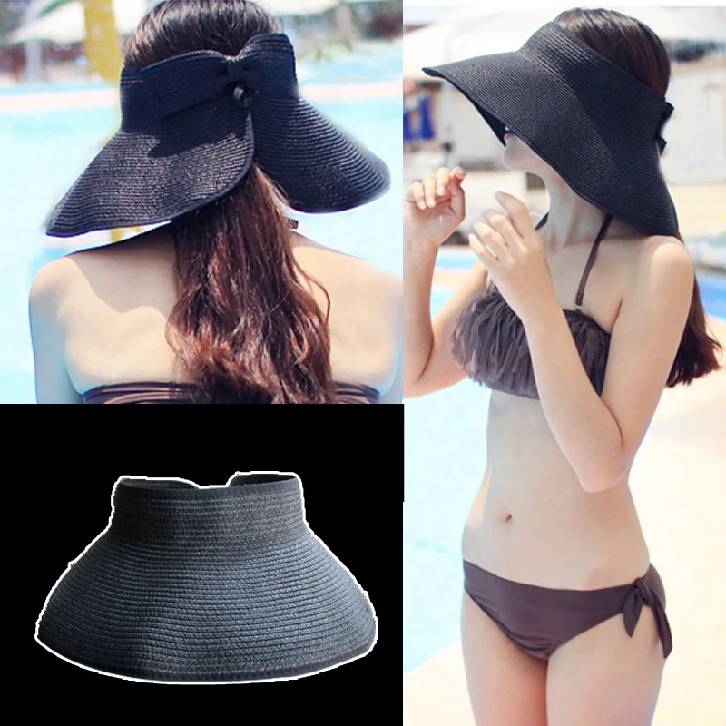 17 Colors Beach Cap Summer Hats Fashion Bowknot Sun Visor Women Large Brimmed Hat Ladies Straw Hats Folding parent-child hat