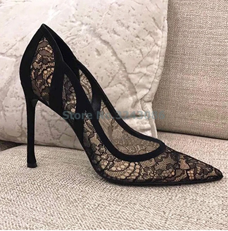 Black Lace Women Shoes Elegant Concise Lace Flower Banquet Pumps New Arrival Pointed Toe Thin High Heel Shoes