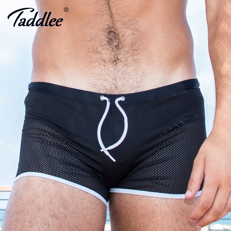 Taddlee Brand Board Shorts Boxer Trunks Swimwear Men Swimsuits Beach Shorts Black Solid Plus Size Quick Drying Gay Mesh Boxers