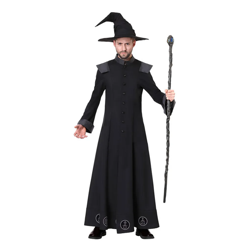 Purim Carnival Halloween Costumes Skull Wizard Magician Costume for Men Witch Cosplay for Women Fancy Cosplay Robe Gown