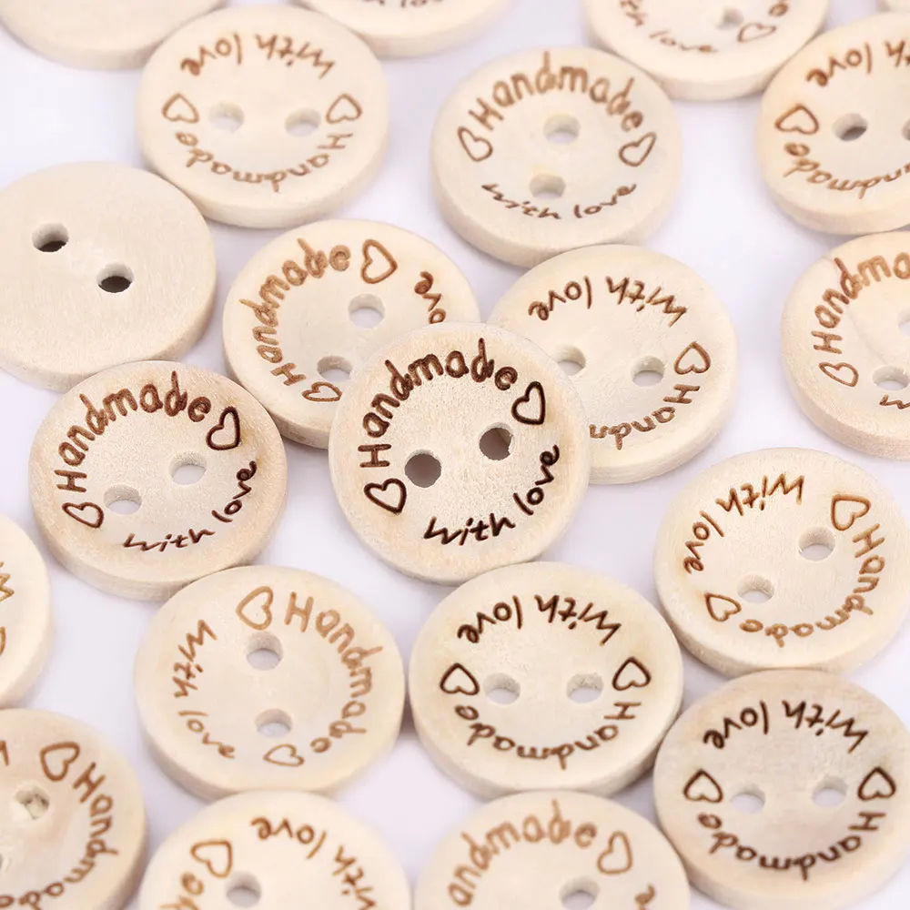 Hand Made with Love Sewing Wood Button, Round Home Festival Decorative Craft Buttons, Hot, 15mm, 100Pcs per Pack