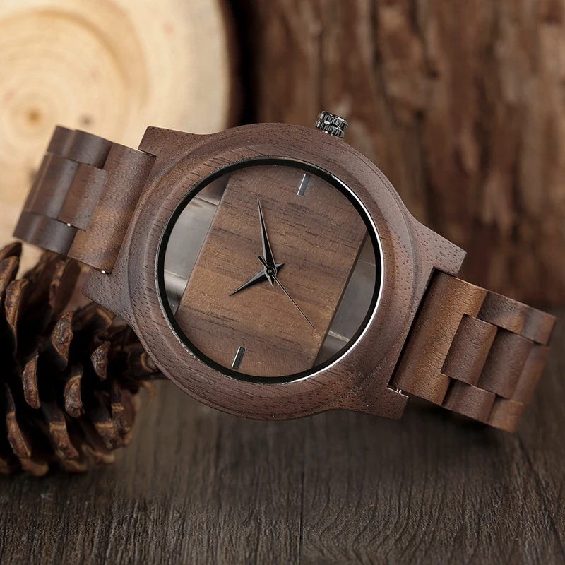 Unique Hollow Dial Men Women Natural Wood Watch with Full Wooden Bamboo Bangle Quartz Wristwatch Novel Handmade Clock Gifts Item