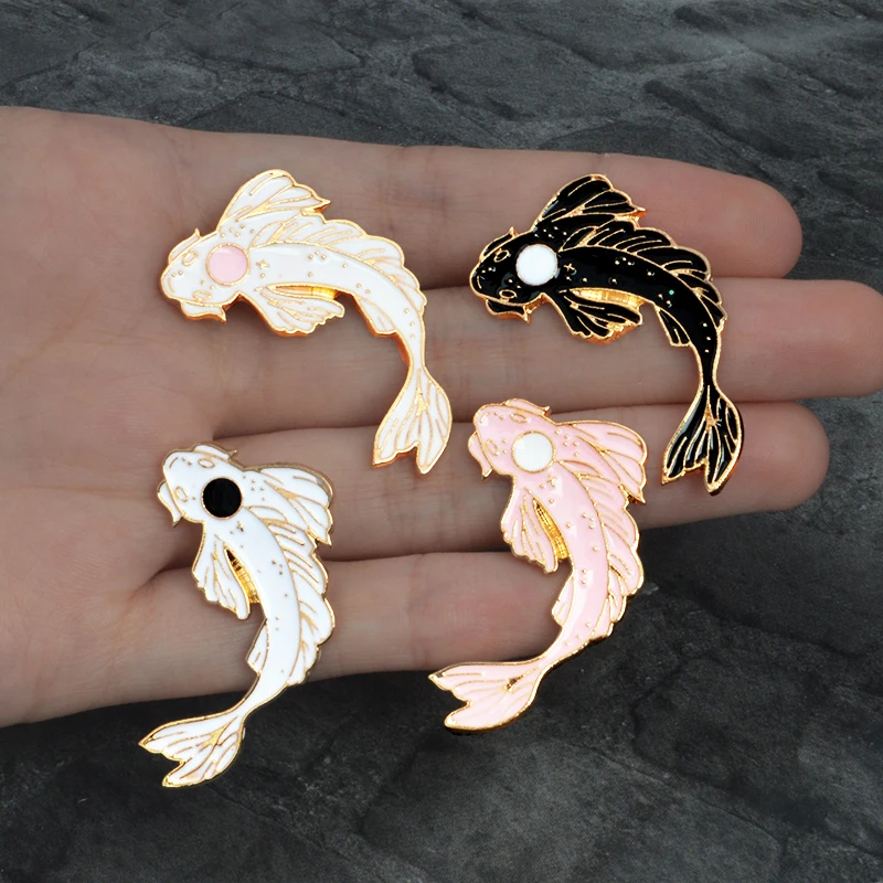 Black and white Koi Pin Japanese Koi Bring good luck Fish Enamel Lapel Pins Badges Animal Pins Brooches women Jewelry Party gift