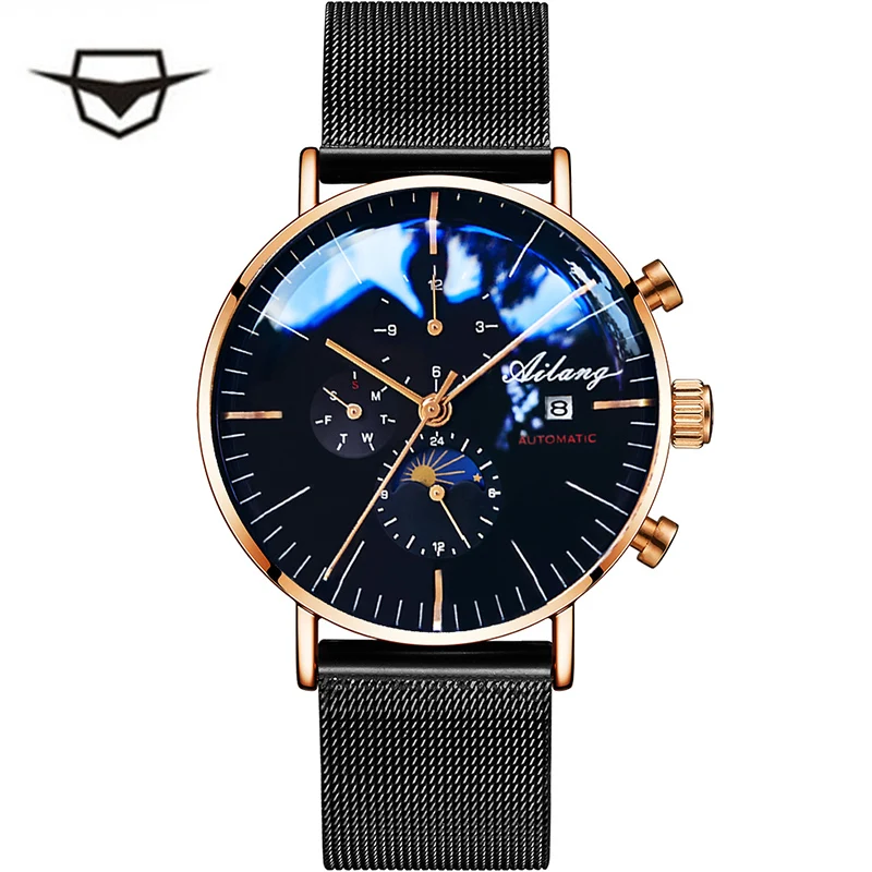 AILANG Men\'s Mechanical Automatic Fashion Top Brand Sport Watch Tourbillon Moon Phase Stainless Steel Watch Male Clock