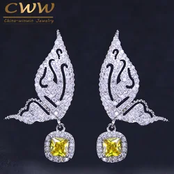 CWWZircons New Trendy Dangling Yellow Cubic Zirconia Pave Lovely Cute Fly Butterfly Shaped Drop Earrings for Women CZ191