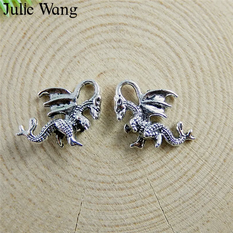 Julie Wang 20PCS Alloy Small Dragon Dinosaur Charms Antique Silver Color Pendant Necklace DIY Jewelry Making Findings Accessory