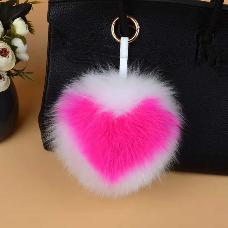 Luxury Fox Fur letter PomPom Heart Fluffy Keychain Keyring For Handbag Charm Handmade Porte Clef Gift Decoration