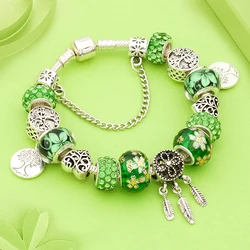 New Arrival Antique Tibetan Silver Dreamcatcher Charm Bracelet Green Tree of Life Bead Bracelets & Bangles with Flower as Xgift