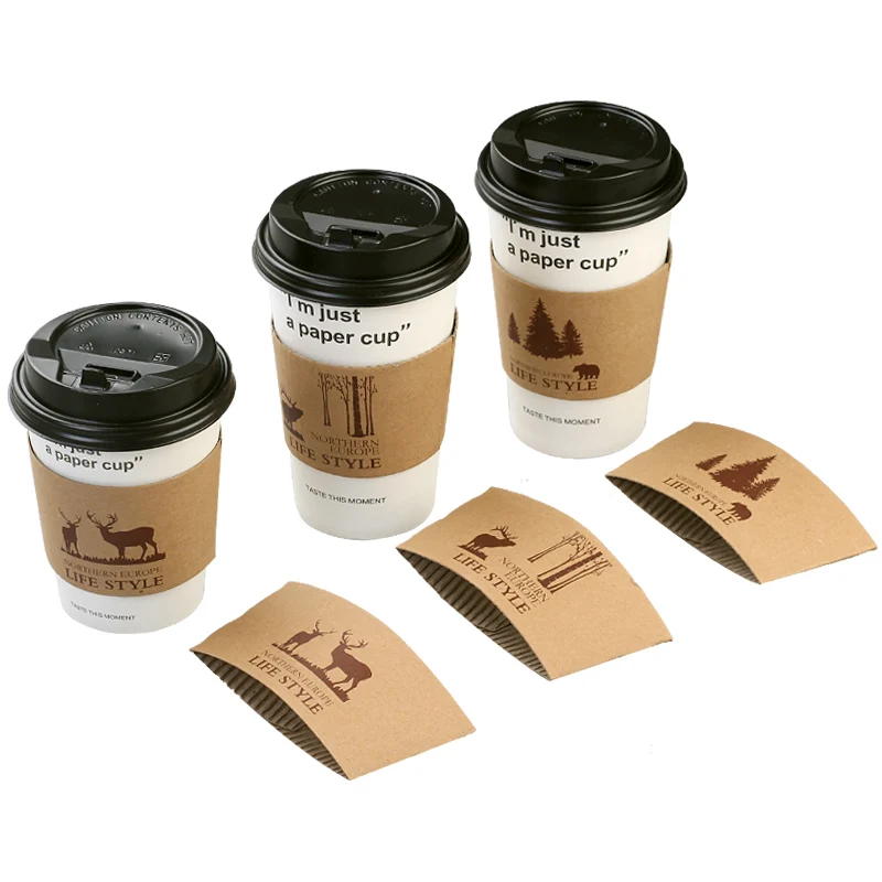 200pcs Cup Sleeve For 12/16oz Disposable Cups Coffee Life Style Double-deck Kraft Paper Cup Sleeve Anti-hot Customized Suppler