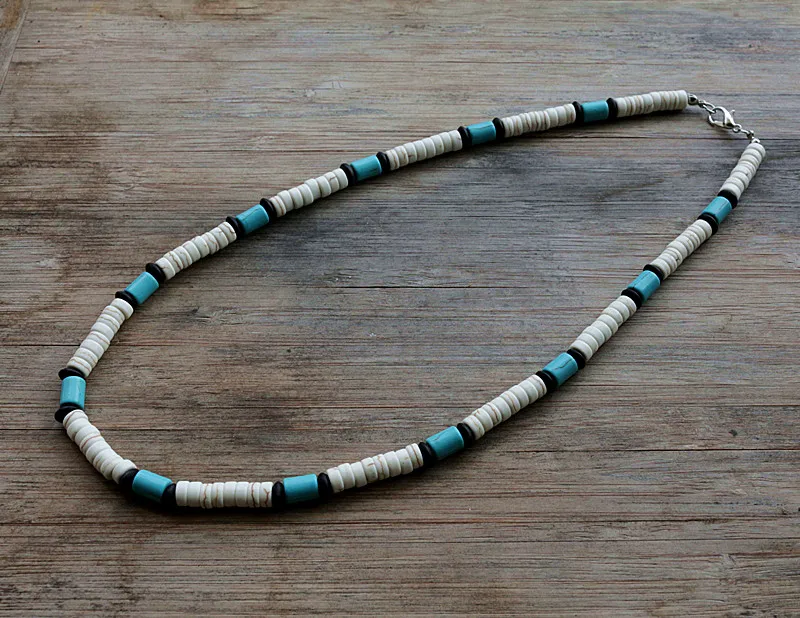 Stone Bead Surfer Necklace Made from white, Black and Blue Beads for men tribal jewelry