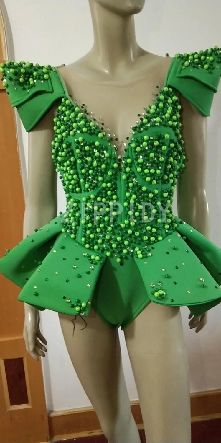 Sparkly strass malha bodysuit verde rosa pedras sem mangas bodysuit cantor feminino traje de aniversário das mulheres dança outfit