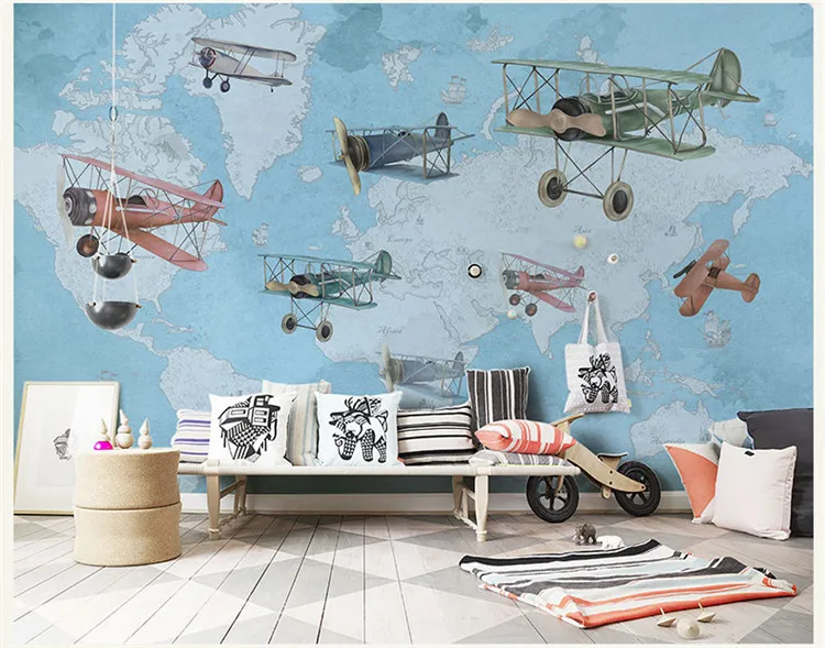 Hand-painting Vintage Airplane Map 3d Wall Photo Cartoon Mural Wallpaper for Baby Kid Room Large 3d Wall Mural Papel