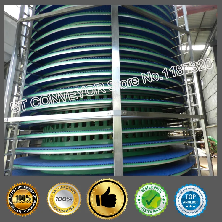 Spiral chain conveyor, stainless steel frame, food grade plastic net belt, cooling tower for food, bread. screw conveyor