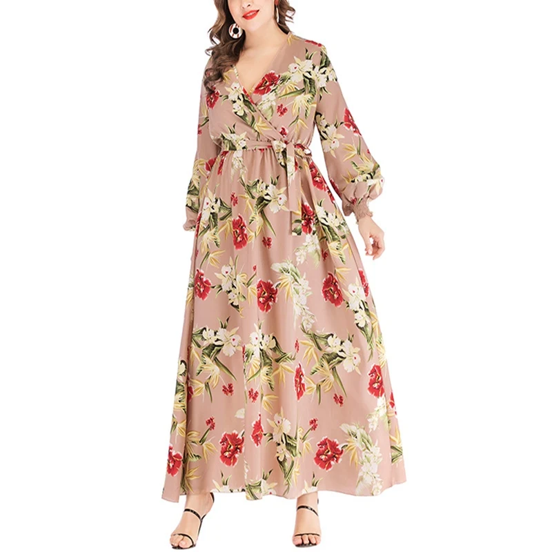 

New Large Size Dress 6XL 5XL 4XL 3XL Fashion Ladies Sexy V-Neck Printed Belt Puff Sleeves Large Swing Dress