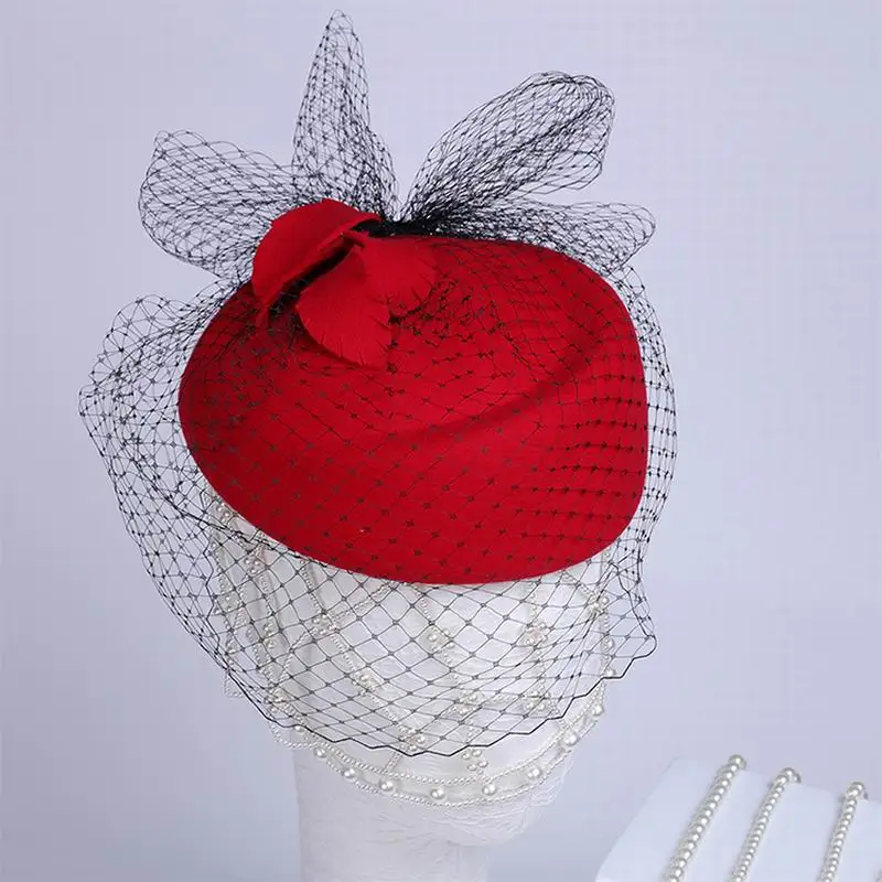 Hats for Women Winter Embroidered Veil cotton Felt Pillbox Hats for Formal Cocktail Party Wedding Hats Dress Fedoras