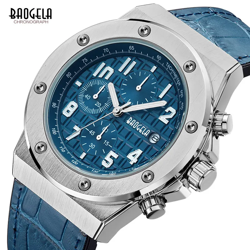 BAOGELA Men\'s New Quartz Watches 2019 Waterproof Chronograph Casual Luminous Wrist Watch Man Leather Strap Relogios 1805 Blue