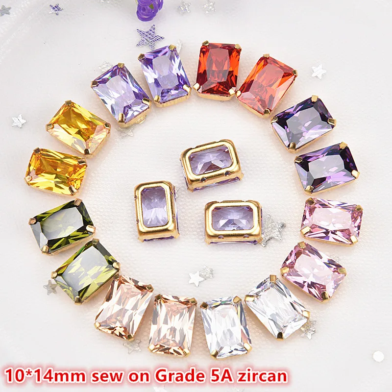 Zircon 10*14Mm Rectangle 5Pcs/Pack Super Flash 5A Diamond Gold Base Sew On Claw Rhinestone DIY Apparel Accessories Free Shipping