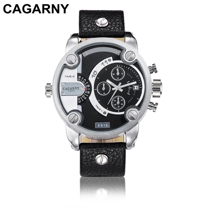 Cagarny Watches Men Luxury Brand Leather Strap Quartz Dual Time Zone Analog Date Men Sports Russian Military Oversize Wristwatch