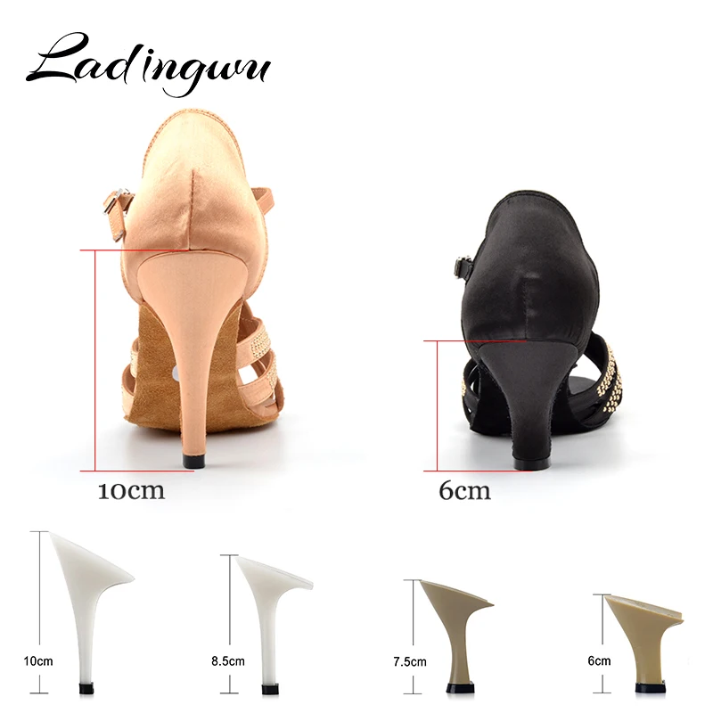 Ladingwu 2018 New Latin Dance Shoes Salsa Woman Satin Apricot/Black Metal beads Soft Bottom Dance Sandals Ballroom Shoes