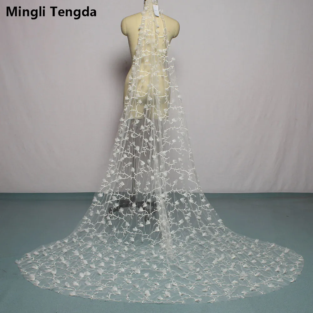 

Mingli Tengda Ivory/Blue Bridal Veil Long Lace Wedding Veil with Comb Elegant Lady Cathedral Veil Three-dimensional Flower Veils