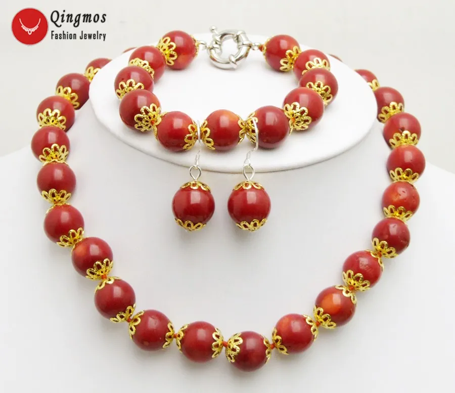 Qingmos Natural Coral Necklace for Women with 9-10mm Red Round Coral Earring & Necklace & Bracelet Jewelry Set nec6462 Free Ship